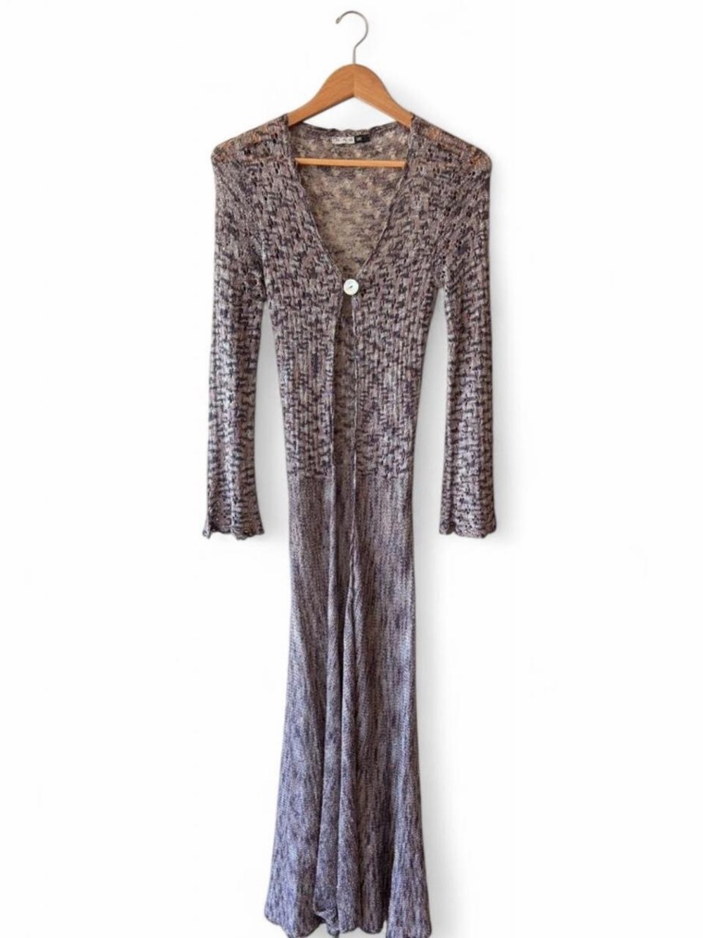 Vintage 90s crochet knit longline cardigan duster fairy boho grunge purple XS